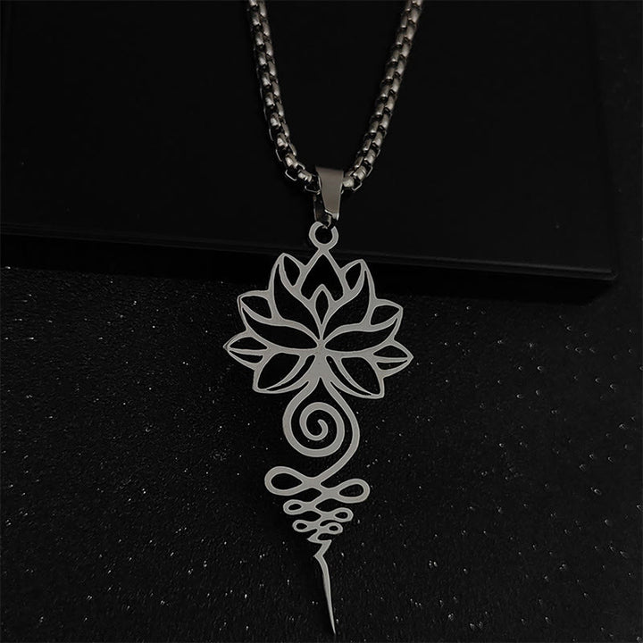 Collana con ciondolo dell'illuminazione in acciaio inossidabile, simbolo del chakra del loto di Buddha Stones Unalome - Argento - image 2