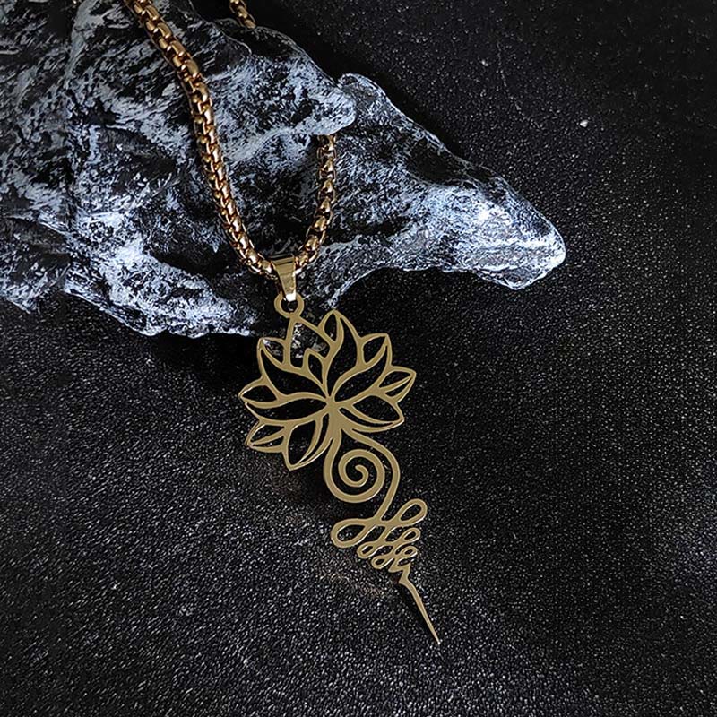 Collana con ciondolo dell'illuminazione in acciaio inossidabile, simbolo del chakra del loto di Buddha Stones Unalome - image 6