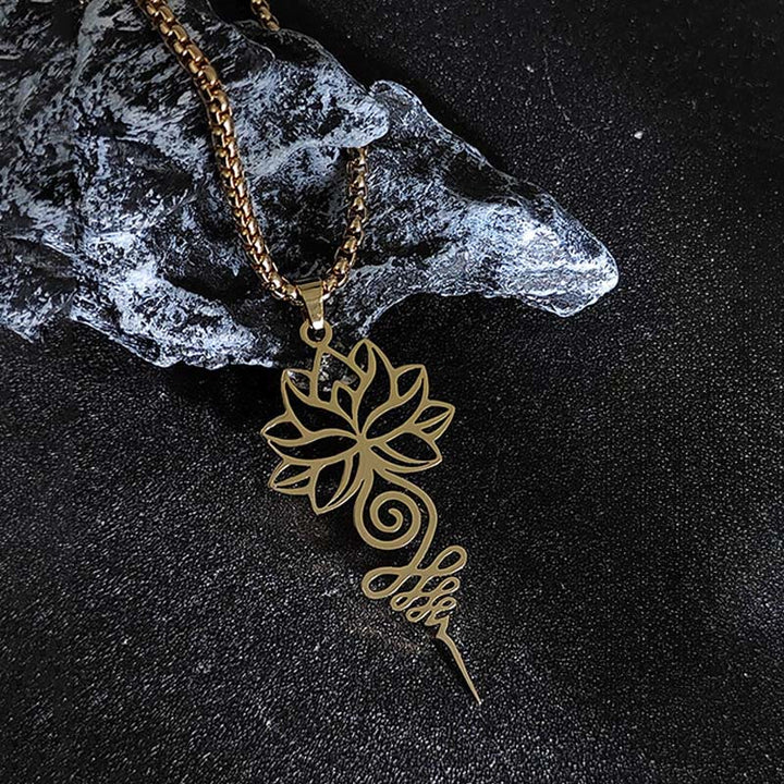 Collana con ciondolo dell'illuminazione in acciaio inossidabile, simbolo del chakra del loto di Buddha Stones Unalome - image 6