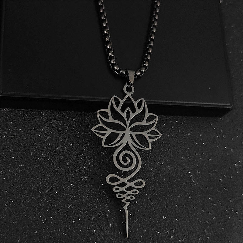 Collana con ciondolo dell'illuminazione in acciaio inossidabile, simbolo del chakra del loto di Buddha Stones Unalome - Nero - image 8