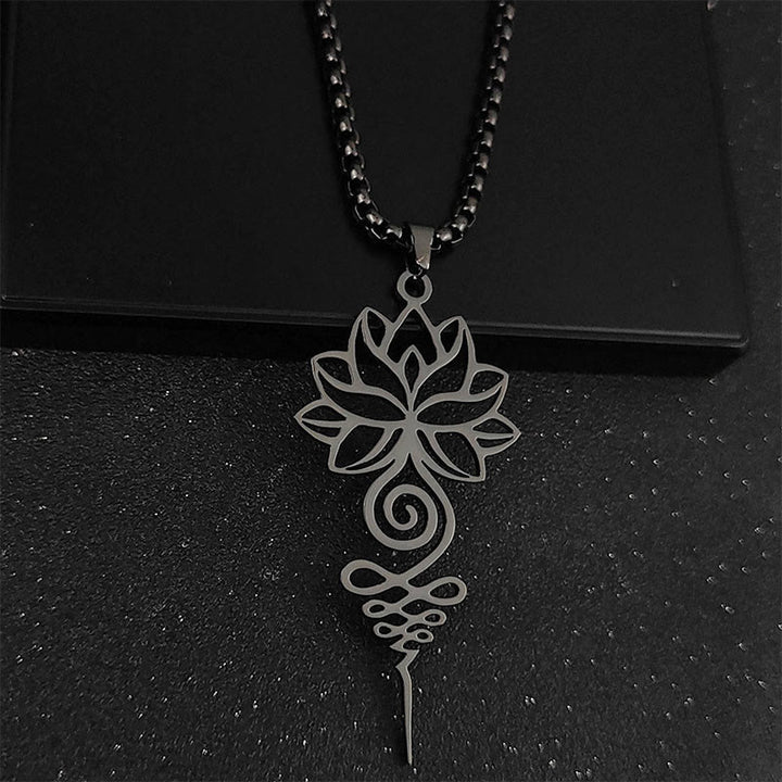 Collana con ciondolo dell'illuminazione in acciaio inossidabile, simbolo del chakra del loto di Buddha Stones Unalome - Nero - image 8