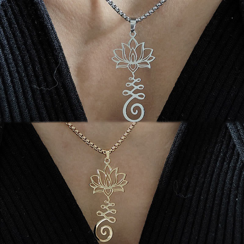 Collana con ciondolo dell'illuminazione in acciaio inossidabile con simbolo dei chakra Buddha Stones, design irregolare, loto - image 12