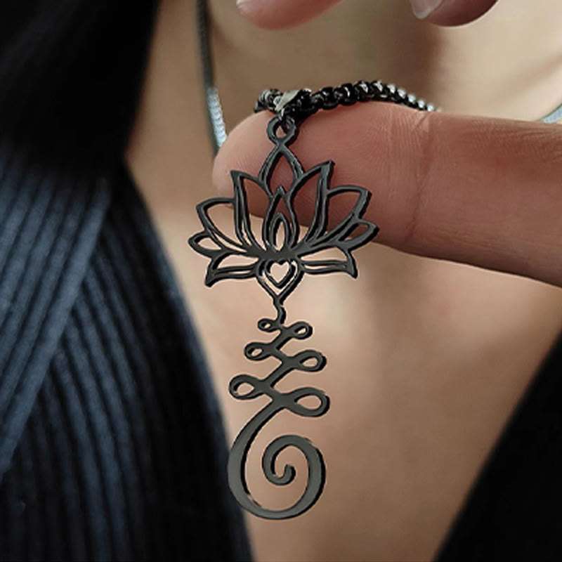Collana con ciondolo dell'illuminazione in acciaio inossidabile con simbolo dei chakra Buddha Stones, design irregolare, loto - image 10
