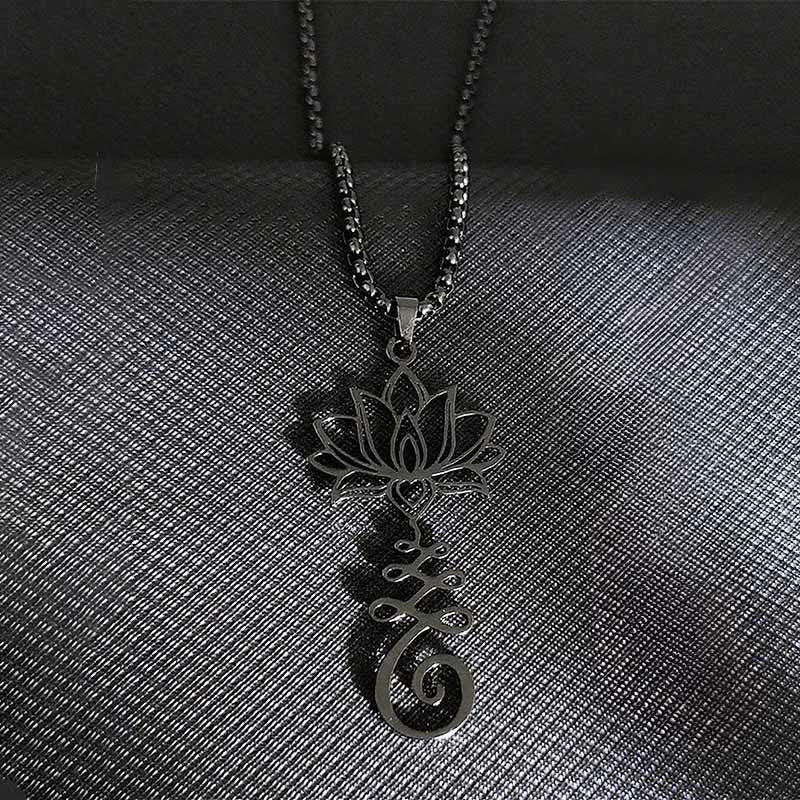 Collana con ciondolo dell'illuminazione in acciaio inossidabile con simbolo dei chakra Buddha Stones, design irregolare, loto - image 9