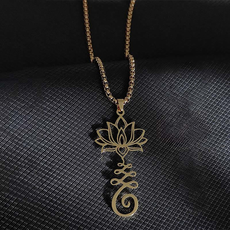 Collana con ciondolo dell'illuminazione in acciaio inossidabile con simbolo dei chakra Buddha Stones, design irregolare, loto - image 7