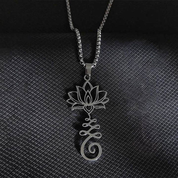 Collana con ciondolo dell'illuminazione in acciaio inossidabile con simbolo dei chakra Buddha Stones, design irregolare, loto - image 3