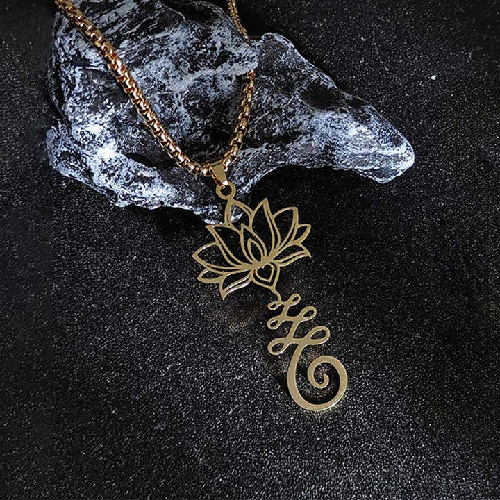 Collana con ciondolo dell'illuminazione in acciaio inossidabile con simbolo dei chakra Buddha Stones, design irregolare, loto - image 6