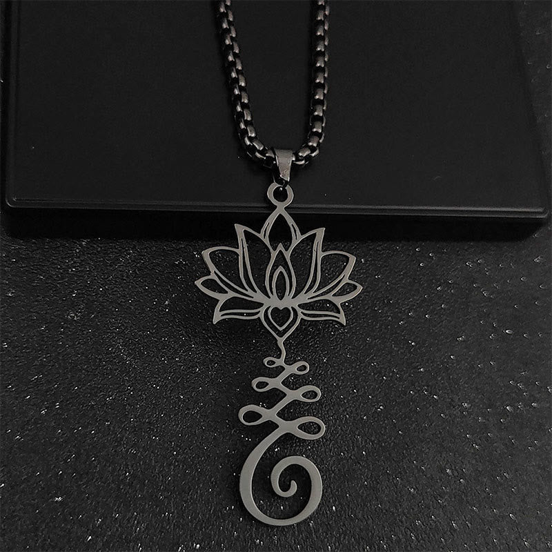 Collana con ciondolo dell'illuminazione in acciaio inossidabile con simbolo dei chakra Buddha Stones, design irregolare, loto - Nero - image 8