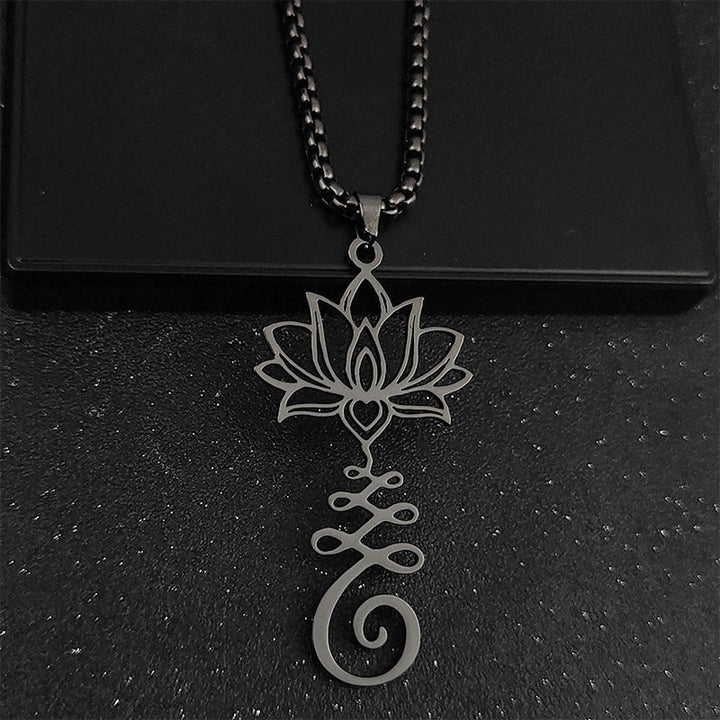 Collana con ciondolo dell'illuminazione in acciaio inossidabile con simbolo dei chakra Buddha Stones, design irregolare, loto - Nero - image 8