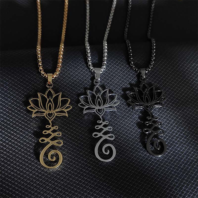 Collana con ciondolo dell'illuminazione in acciaio inossidabile con simbolo dei chakra Buddha Stones, design irregolare, loto - image 1