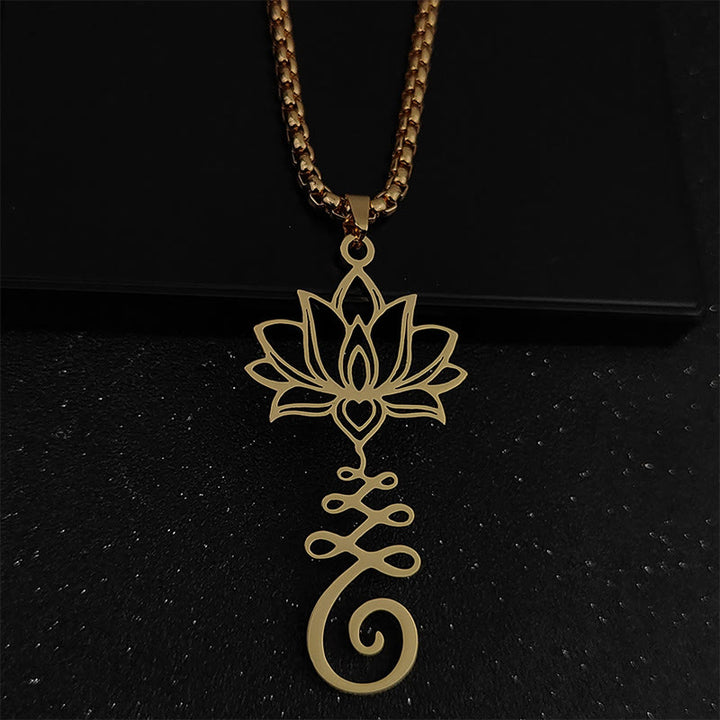 Collana con ciondolo dell'illuminazione in acciaio inossidabile con simbolo dei chakra Buddha Stones, design irregolare, loto - Oro - image 5