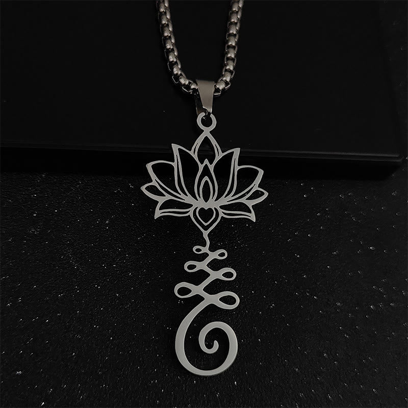 Collana con ciondolo dell'illuminazione in acciaio inossidabile con simbolo dei chakra Buddha Stones, design irregolare, loto - Argento - image 2