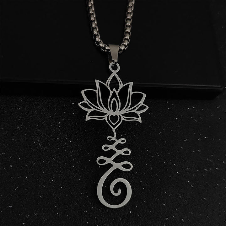 Collana con ciondolo dell'illuminazione in acciaio inossidabile con simbolo dei chakra Buddha Stones, design irregolare, loto - Argento - image 2