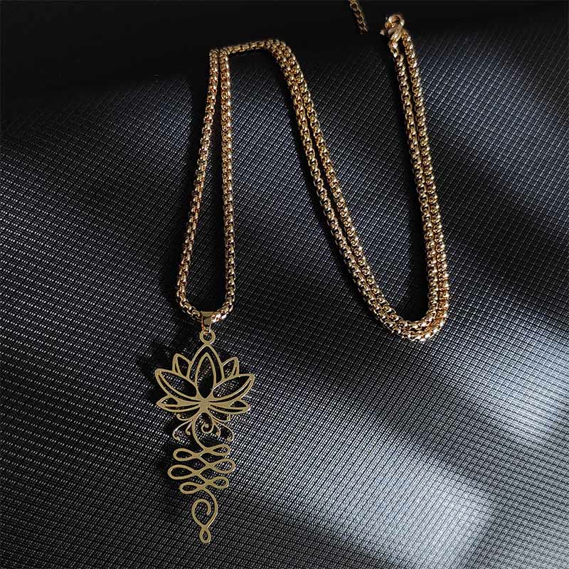 Collana con ciondolo dell'illuminazione in acciaio inossidabile con Buddha Stones viticci di loto, simbolo dei chakra - Oro - image 5
