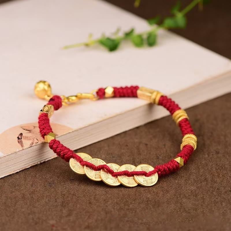 Bracciale intrecciato con cinque monete dell'imperatore e Buddha Stones fatto a mano - Corda rossa (circonferenza del polso: 15-19 cm) - image 1