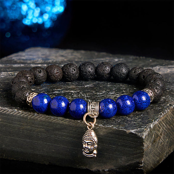 Braccialetto curativo con motivo animale, perline di cristallo di rocca lavica nera Buddha Stones - Modello testa di Buddha (circonferenza polso: 15-17 cm) - image 9