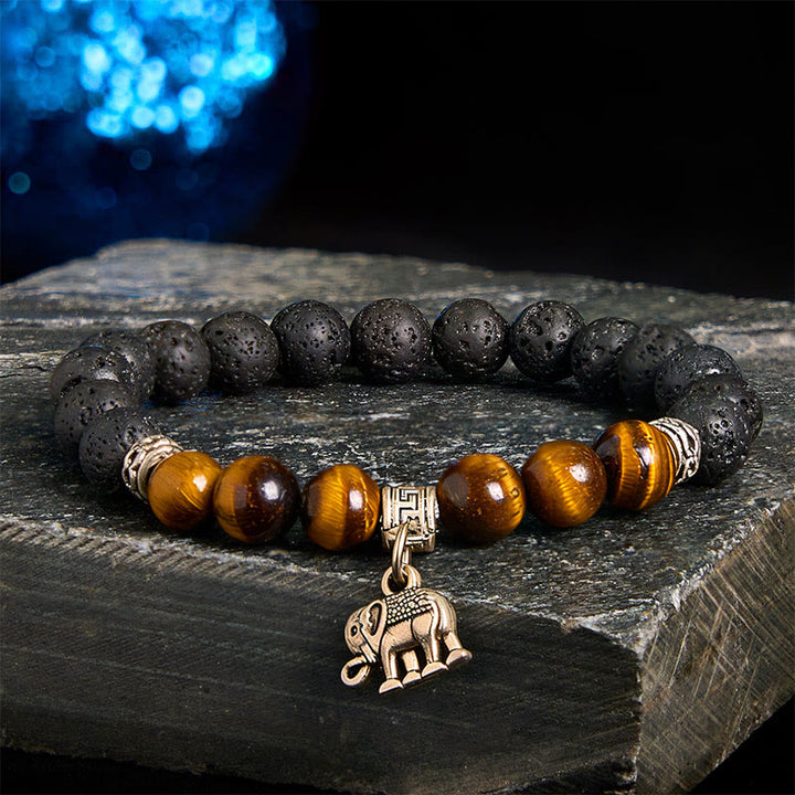 Braccialetto curativo con motivo animale, perline di cristallo di rocca lavica nera Buddha Stones - Modello elefante (circonferenza polso: 15-17 cm) - image 1