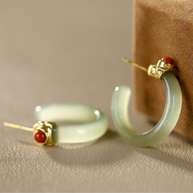 Buddha Stones Orecchini curvi in ​​argento sterling 925 con giada Hetian e motivo Prosperity - image 4