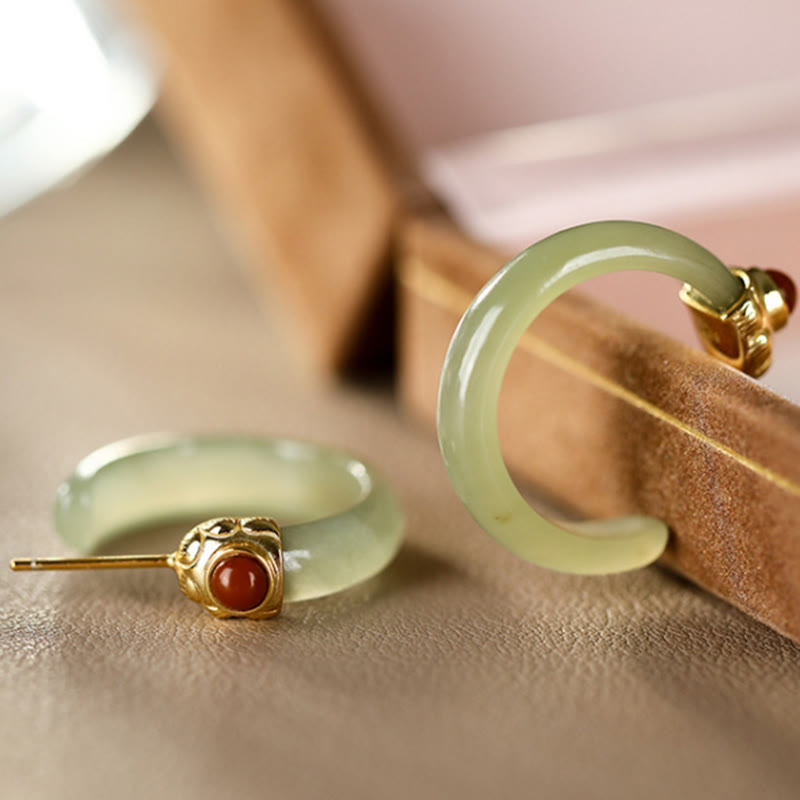 Buddha Stones Orecchini curvi in ​​argento sterling 925 con giada Hetian e motivo Prosperity - image 5