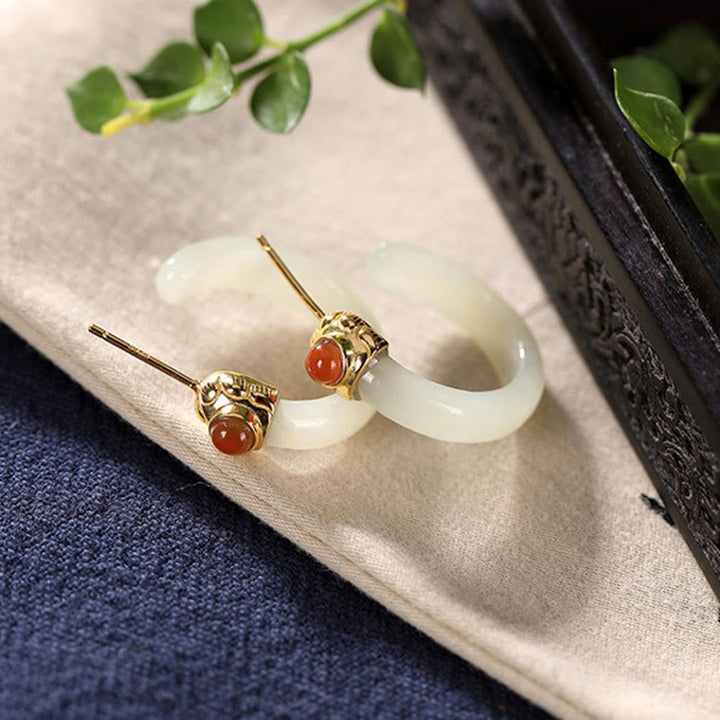 Buddha Stones Orecchini curvi in ​​argento sterling 925 con giada Hetian e motivo Prosperity - image 10