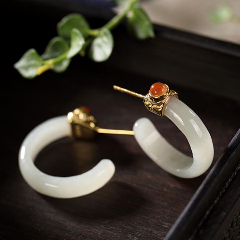 Buddha Stones Orecchini curvi in ​​argento sterling 925 con giada Hetian e motivo Prosperity - image 12