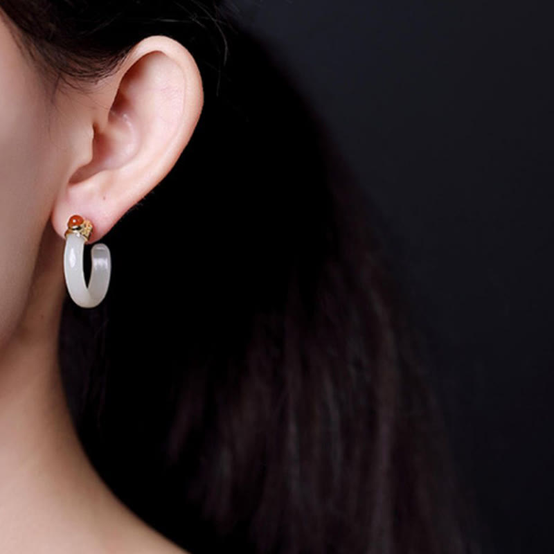 Buddha Stones Orecchini curvi in ​​argento sterling 925 con giada Hetian e motivo Prosperity - image 16