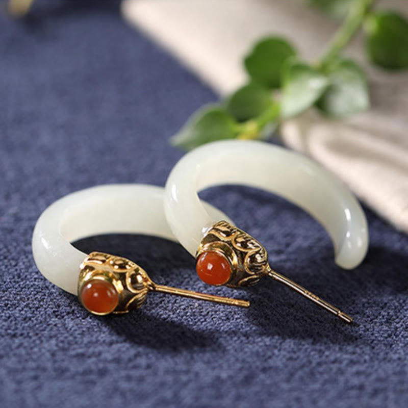 Buddha Stones Orecchini curvi in ​​argento sterling 925 con giada Hetian e motivo Prosperity - Giada bianca (perni in argento sterling 925) - image 9