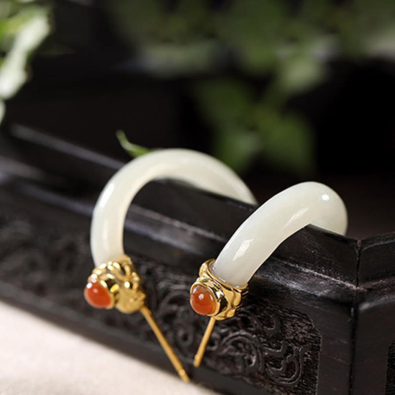 Buddha Stones Orecchini curvi in ​​argento sterling 925 con giada Hetian e motivo Prosperity - image 13