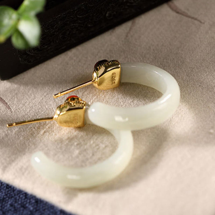 Buddha Stones Orecchini curvi in ​​argento sterling 925 con giada Hetian e motivo Prosperity - image 14