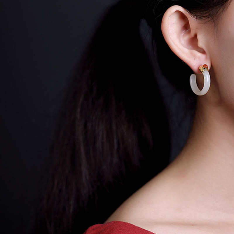 Buddha Stones Orecchini curvi in ​​argento sterling 925 con giada Hetian e motivo Prosperity - image 15