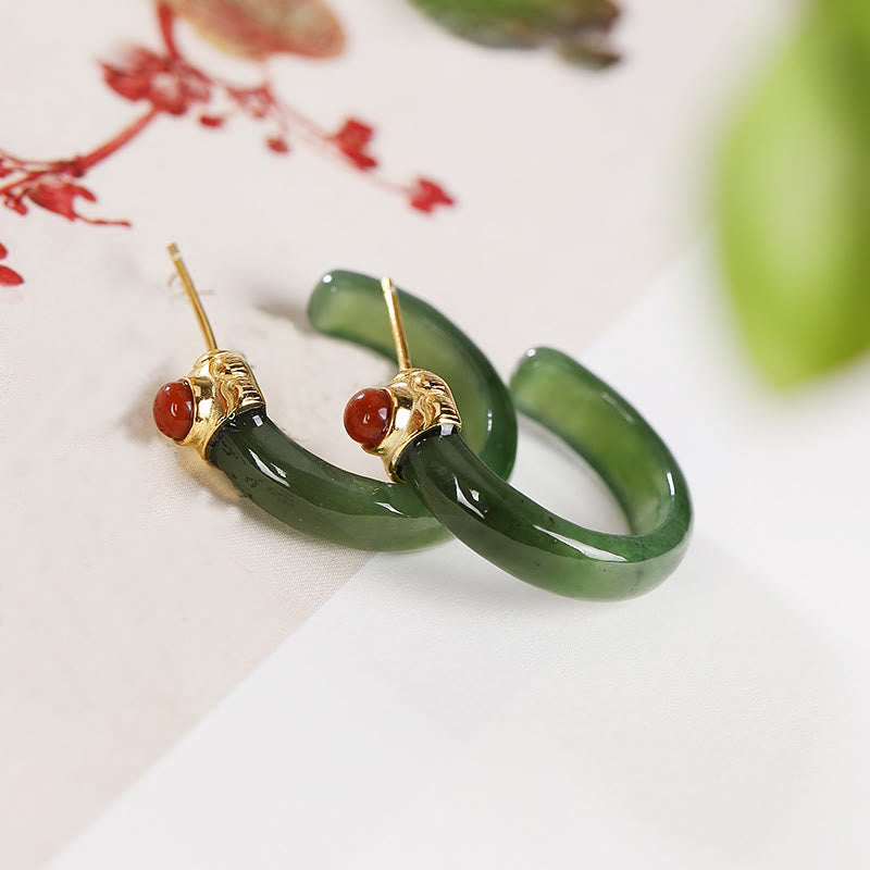 Buddha Stones Orecchini curvi in ​​argento sterling 925 con giada Hetian e motivo Prosperity - Giada ciano (perni in argento sterling 925) - image 19