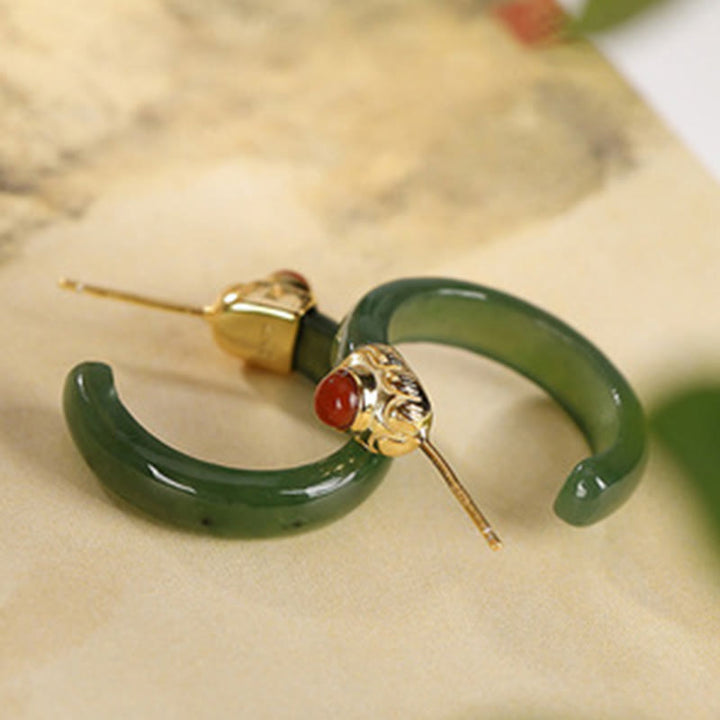 Buddha Stones Orecchini curvi in ​​argento sterling 925 con giada Hetian e motivo Prosperity - image 20