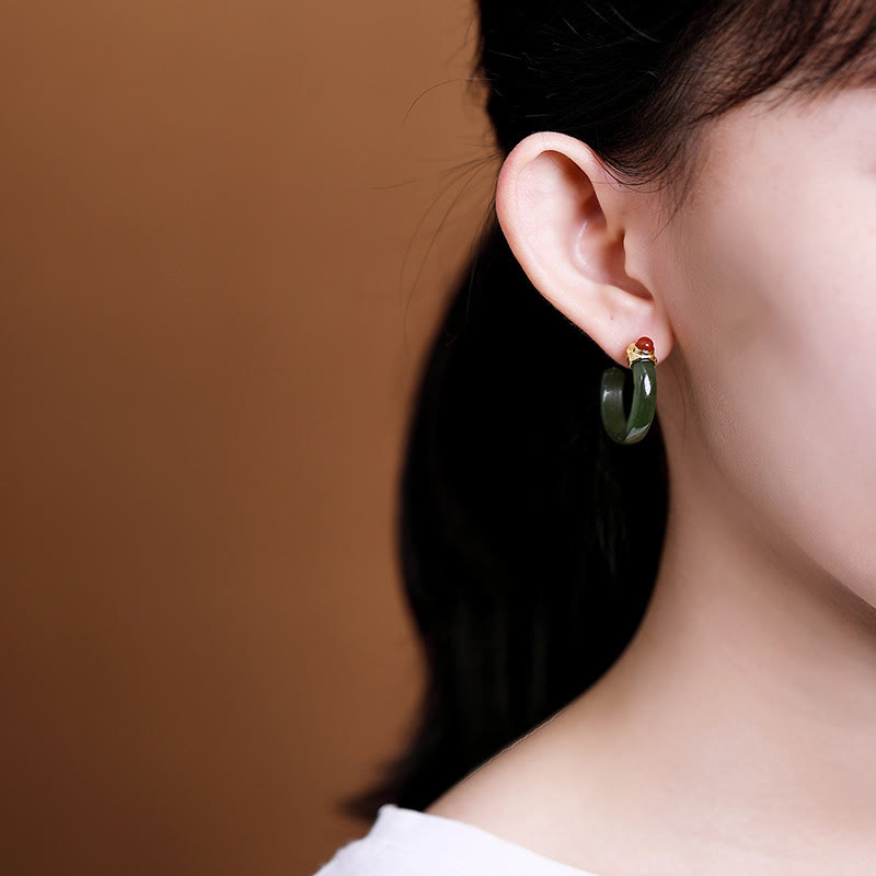 Buddha Stones Orecchini curvi in ​​argento sterling 925 con giada Hetian e motivo Prosperity - image 21