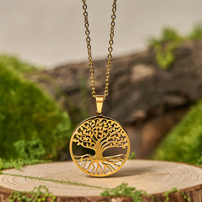 Collana con ciondolo in acciaio al titanio e Buddha Stones, l'albero della vita, per l'illuminazione - L'albero della vita d'oro - image 0