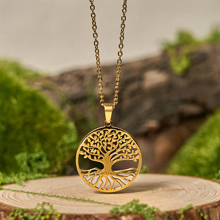 Collana con ciondolo in acciaio al titanio e Buddha Stones, l'albero della vita, per l'illuminazione - L'albero della vita d'oro - image 0