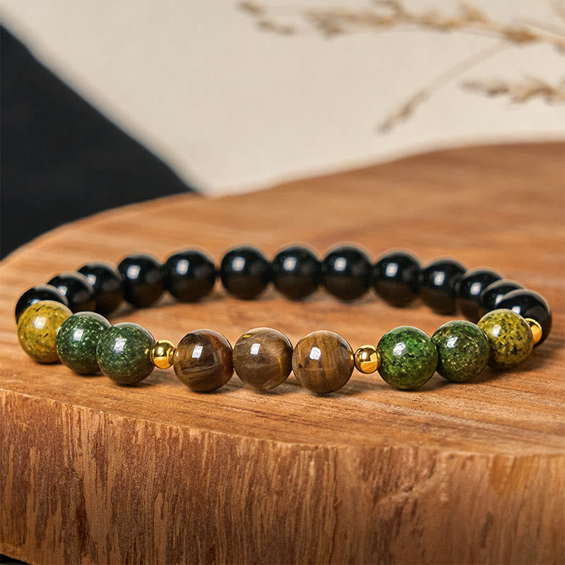 Bracciale Buddha Stones, turchese, perle di occhio di tigre, vetro, equilibrio, serenità - Turchese e occhio di tigre (circonferenza polso: 15-17 cm) - image 0