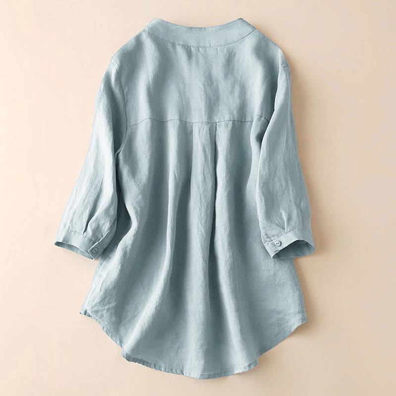 Camicia casual da donna in cotone e lino con scollo a V e maniche a tre quarti, motivo Buddha Stones - image 2