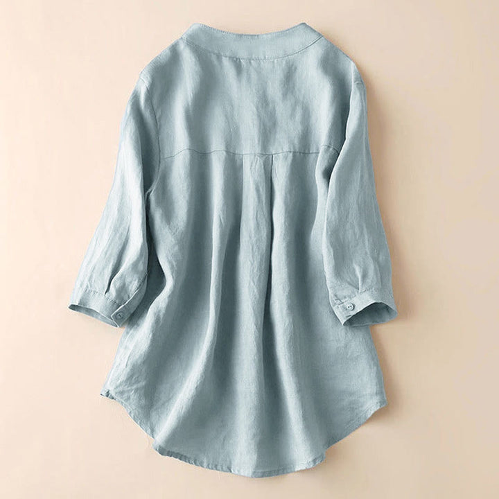 Camicia casual da donna in cotone e lino con scollo a V e maniche a tre quarti, motivo Buddha Stones - image 2