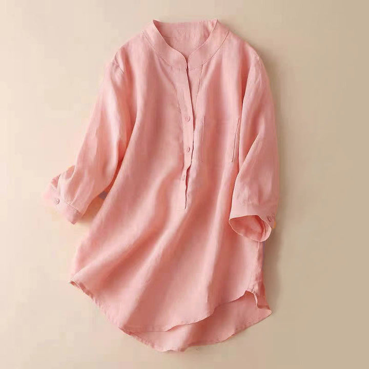 Camicia casual da donna in cotone e lino con scollo a V e maniche a tre quarti, motivo Buddha Stones - 	Salmone - US12, UK/AU16, EU44 (3XL) - image 13