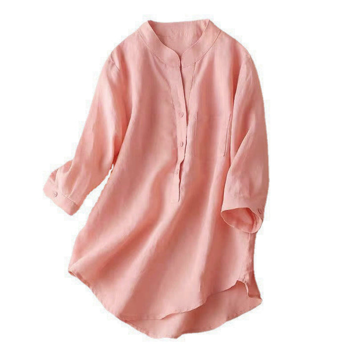 Camicia casual da donna in cotone e lino con scollo a V e maniche a tre quarti, motivo Buddha Stones - image 18