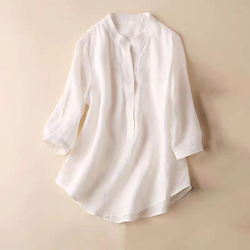 Camicia casual da donna in cotone e lino con scollo a V e maniche a tre quarti, motivo Buddha Stones - Bianco - US12, UK/AU16, EU44 (3XL) - image 8