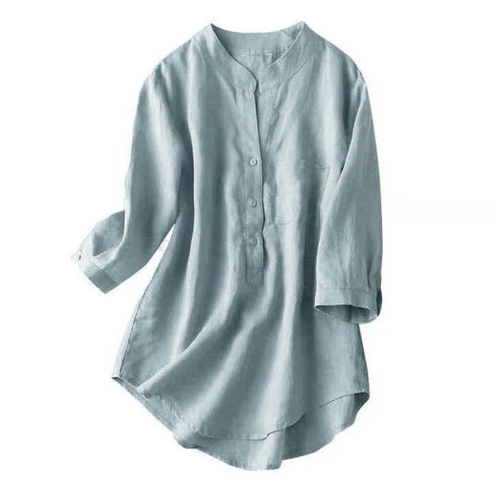 Camicia casual da donna in cotone e lino con scollo a V e maniche a tre quarti, motivo Buddha Stones - image 4