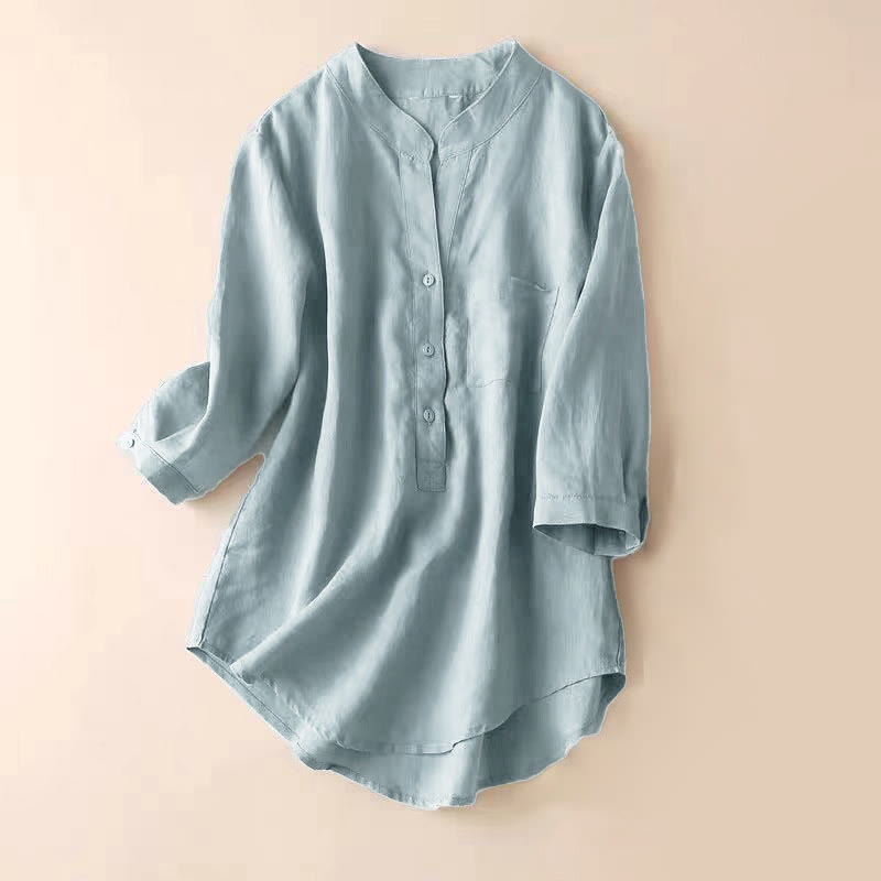 Camicia casual da donna in cotone e lino con scollo a V e maniche a tre quarti, motivo Buddha Stones - BluAcciaioChiaro - US12, UK/AU16, EU44 (3XL) - image 1