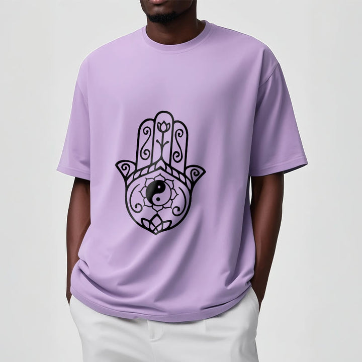 Maglietta in cotone con motivo Yin Yang e mano di Hamsa con Buddha Stones - image 18