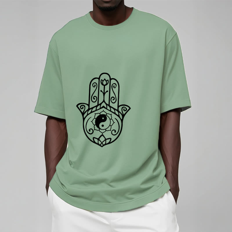 Maglietta in cotone con motivo Yin Yang e mano di Hamsa con Buddha Stones - image 16