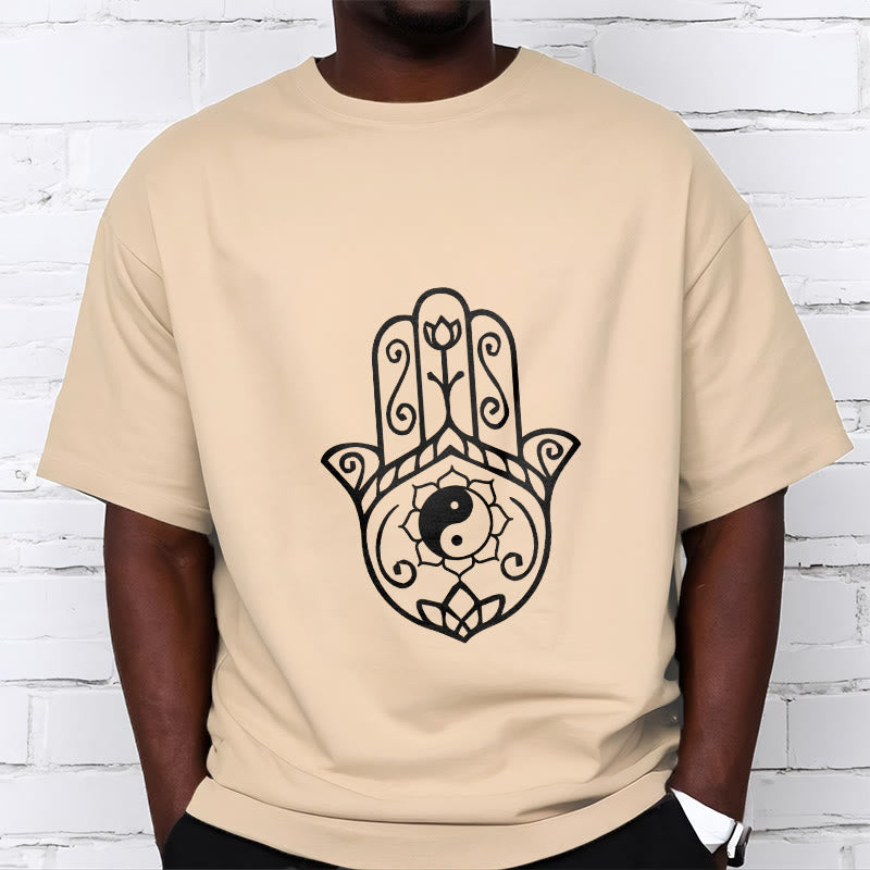 Maglietta in cotone con motivo Yin Yang e mano di Hamsa con Buddha Stones - image 12