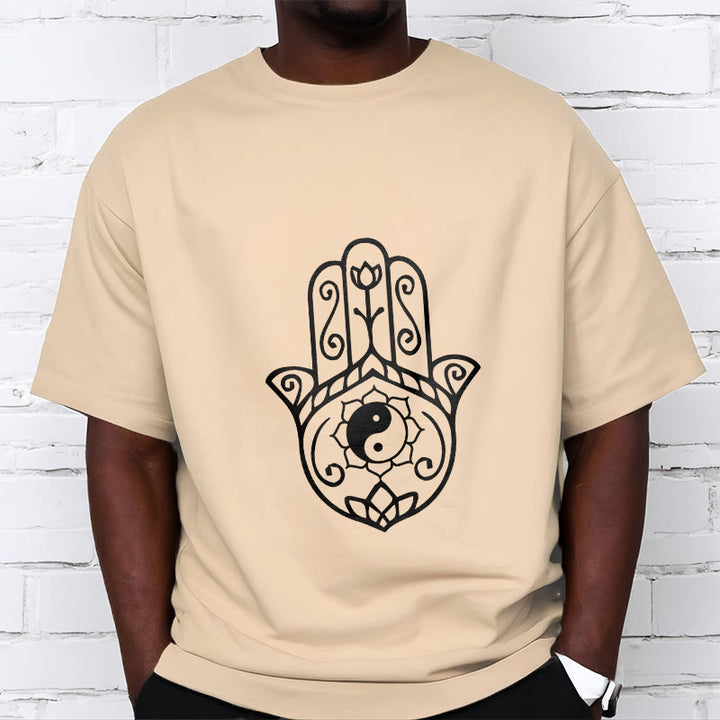 Maglietta in cotone con motivo Yin Yang e mano di Hamsa con Buddha Stones - image 12