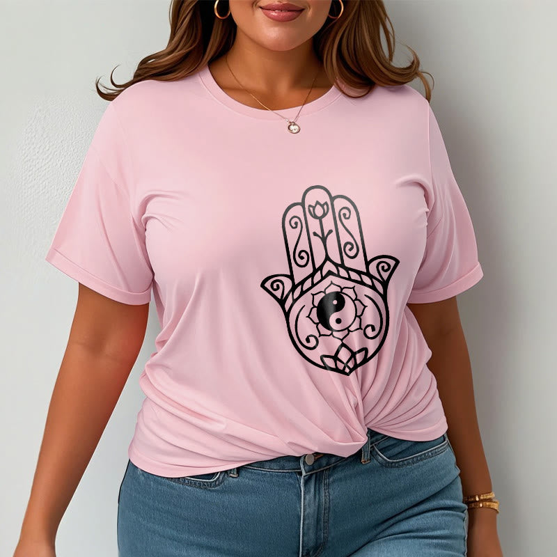 Maglietta in cotone con motivo Yin Yang e mano di Hamsa con Buddha Stones - image 14
