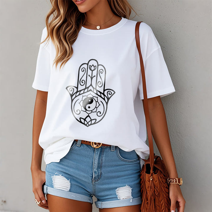 Maglietta in cotone con motivo Yin Yang e mano di Hamsa con Buddha Stones - image 10