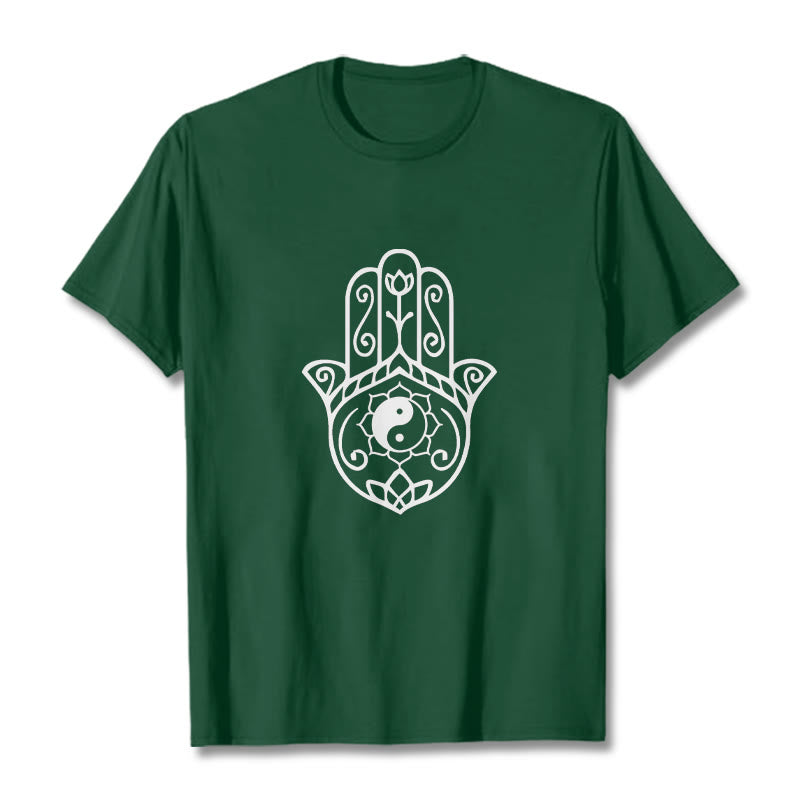 Maglietta in cotone con motivo Yin Yang e mano di Hamsa con Buddha Stones - Verde foresta - 2XL - image 1